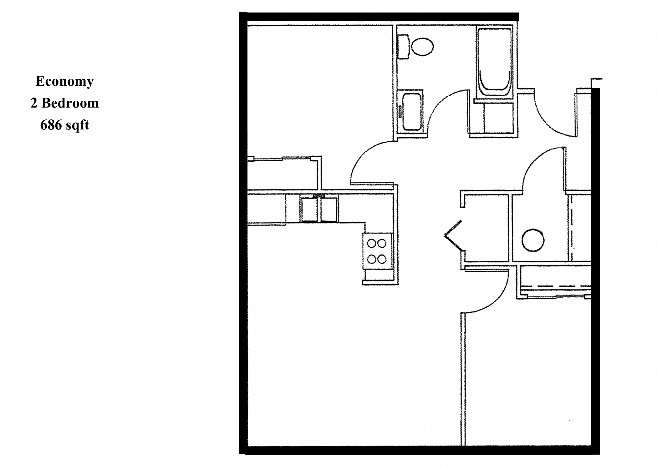 Floor plan for 2 beds, 1 bath, 710 sqft
